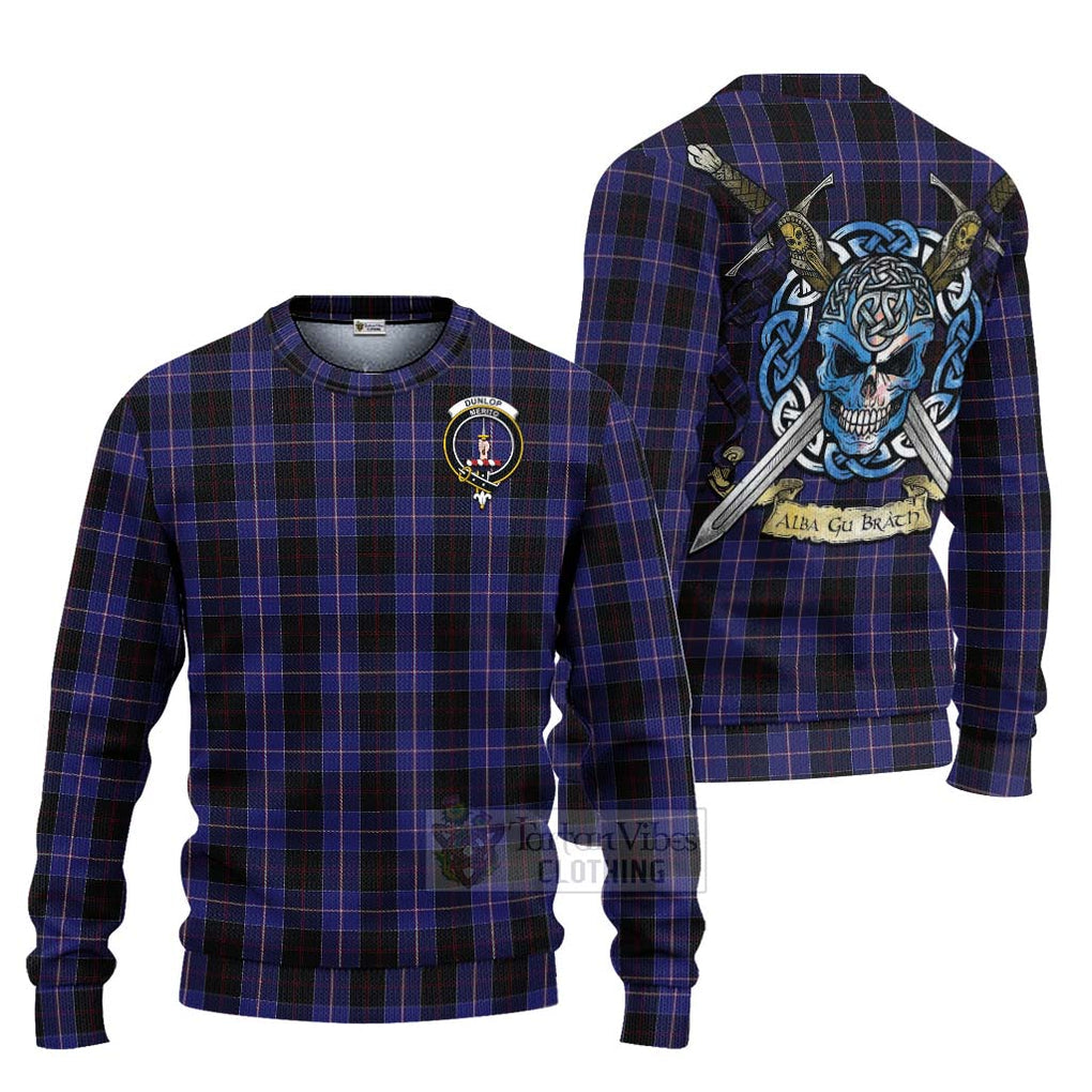 Tartan Vibes Clothing Dunlop Tartan Knitted Sweater with Family Crest Celtic Skull Style