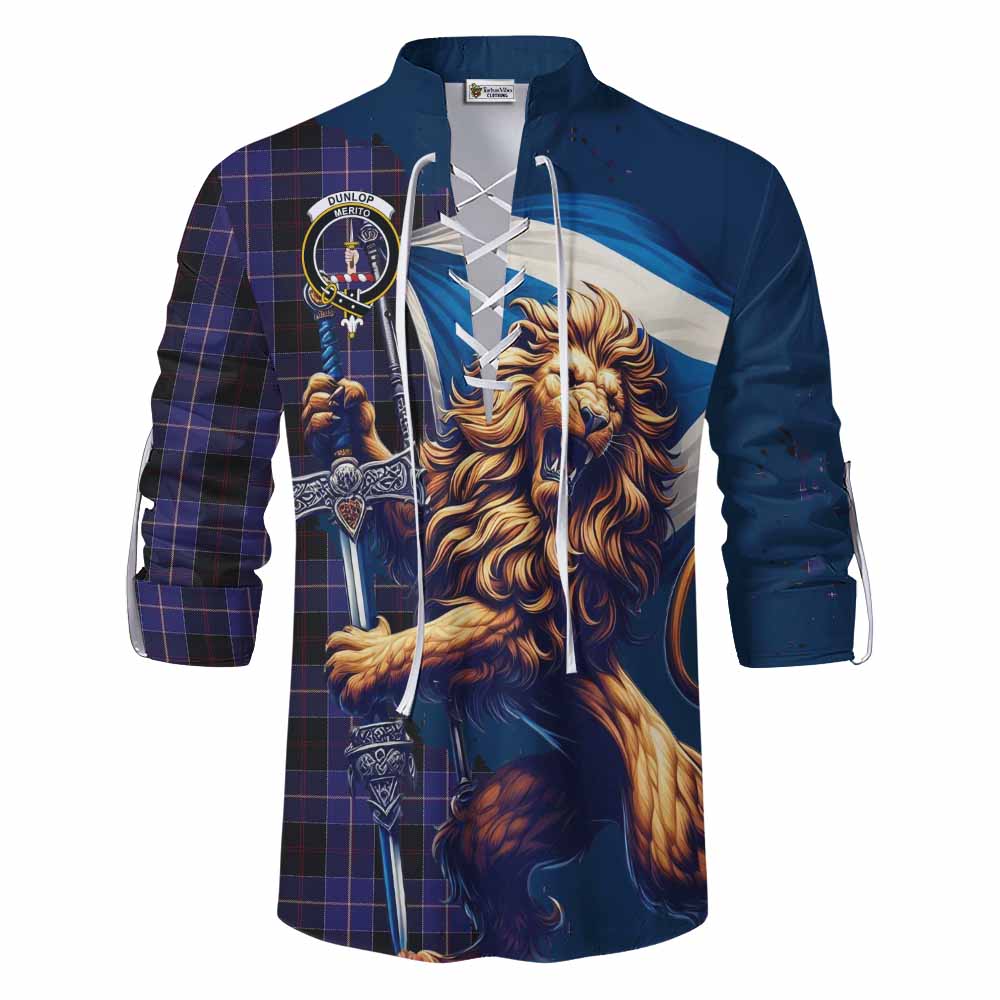 Tartan Vibes Clothing Dunlop Tartan Family Crest Ghillie Kilt Shirt with Scottish Majestic Lion