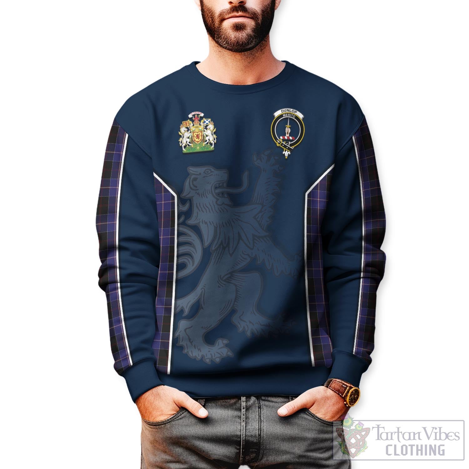 Tartan Vibes Clothing Dunlop Tartan Sweater with Family Crest and Lion Rampant Vibes Sport Style