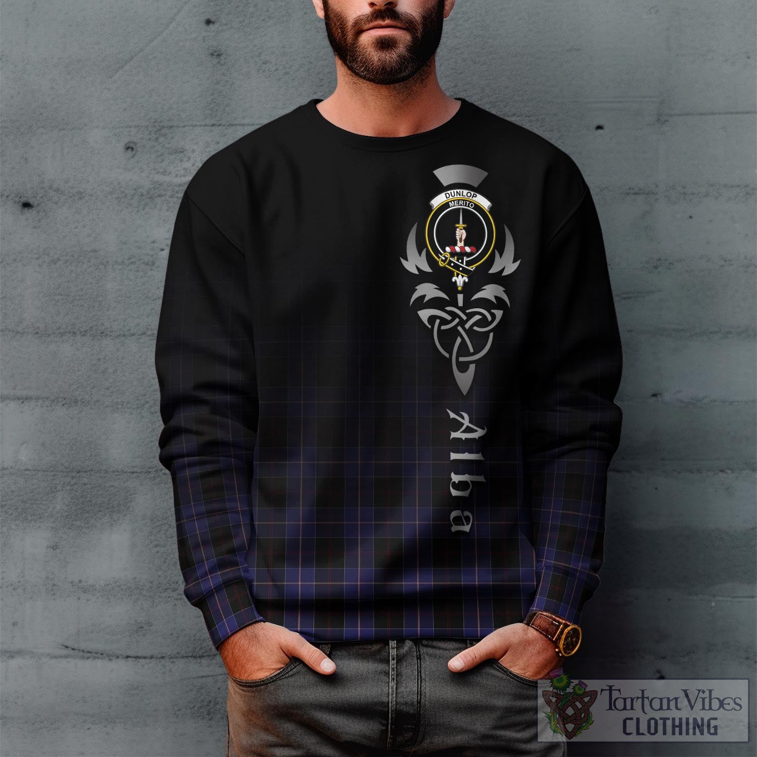 Tartan Vibes Clothing Dunlop Tartan Sweatshirt Featuring Alba Gu Brath Family Crest Celtic Inspired