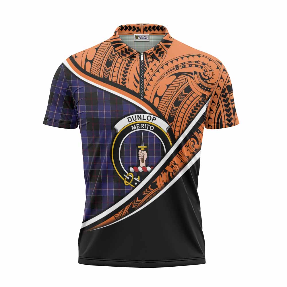 Tartan Vibes Clothing Dunlop Crest Tartan Zipper Polo Shirt with Maori Tattoo Style - Orange Version