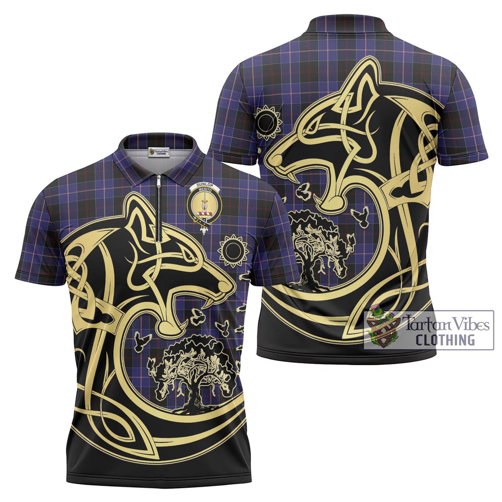 Dunlop Tartan Zipper Polo Shirt with Family Crest Celtic Wolf Style Unisex - Tartanvibesclothing Shop