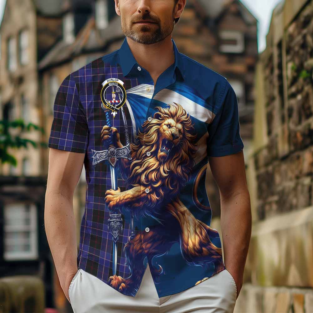 Tartan Vibes Clothing Dunlop Tartan Family Crest Short Sleeve Button Shirt with Scottish Majestic Lion