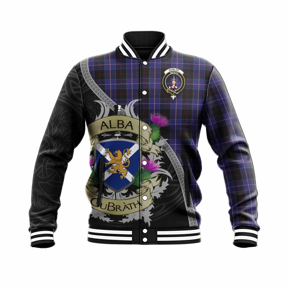 Dunlop Tartan Family Crest Baseball Jacket Lion Rampant Royal Thistle Shield Celtic Inspired Unisex - Tartan Vibes Clothing