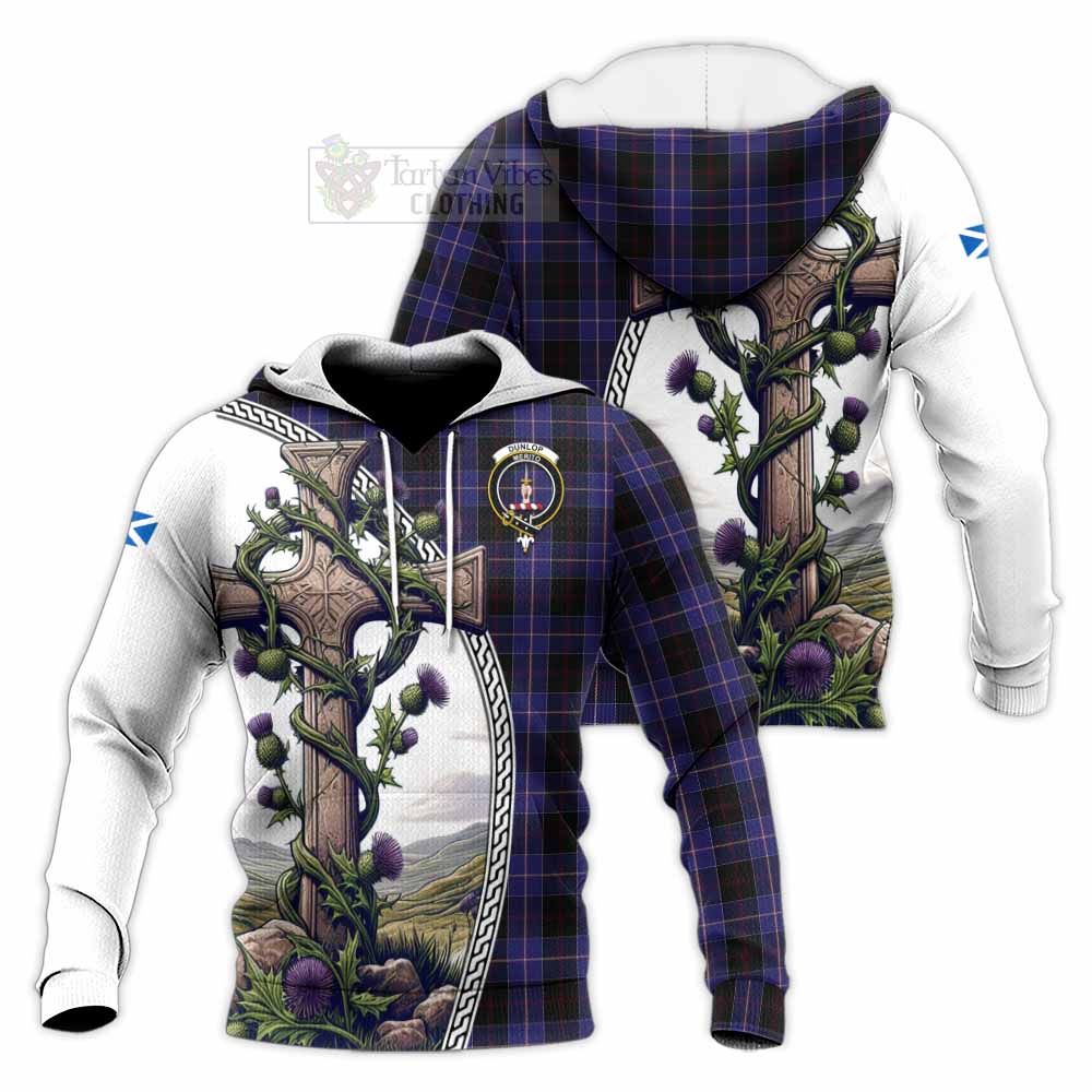 Tartan Vibes Clothing Dunlop Tartan Knitted Hoodie with Family Crest and St. Andrew's Cross Accented by Thistle Vines