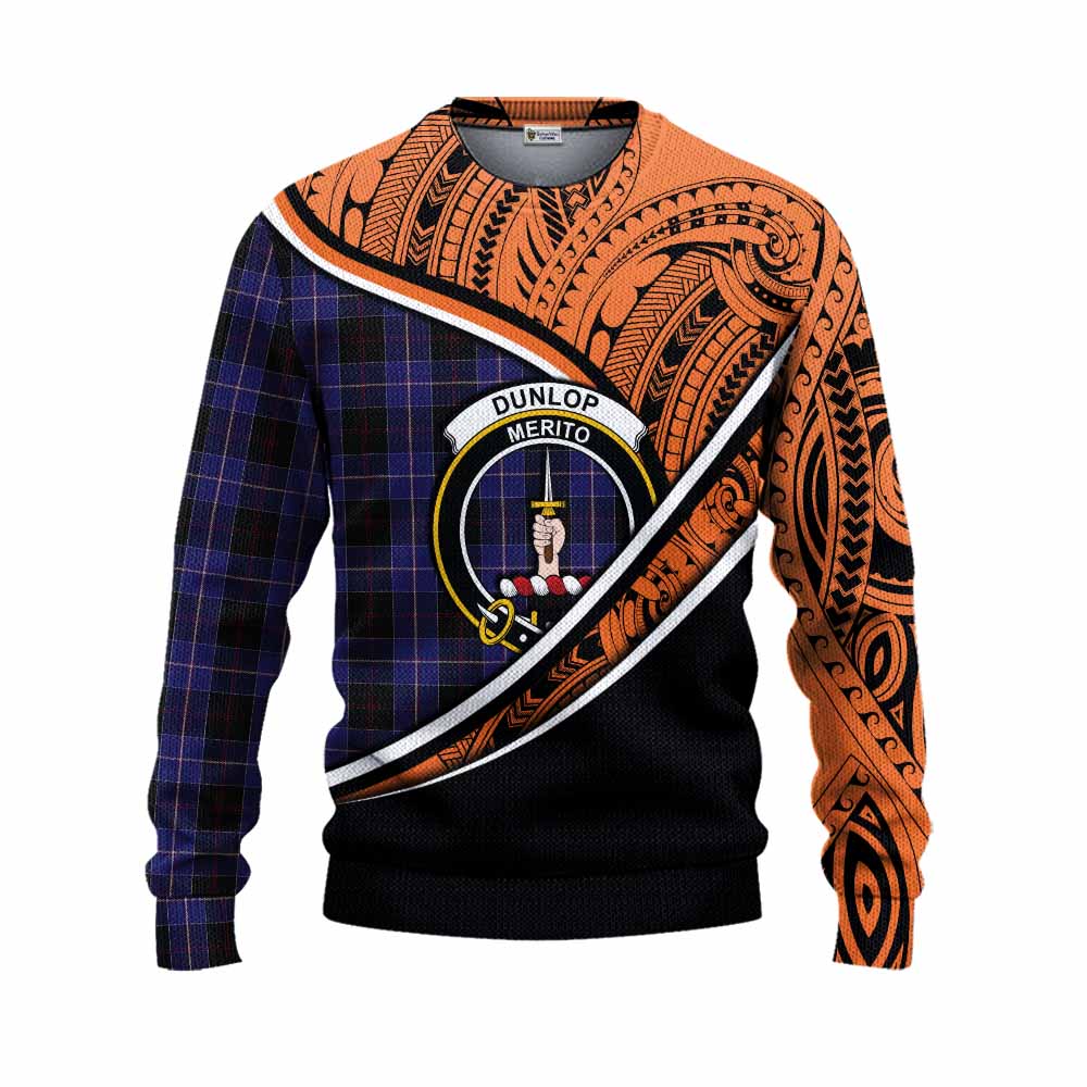 Tartan Vibes Clothing Dunlop Crest Tartan Knitted Sweater with Maori Tattoo Style - Orange Version