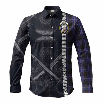 Dunlop Tartan Long Sleeve Button Shirt with Family Crest Cross Sword Thistle Celtic Vibes