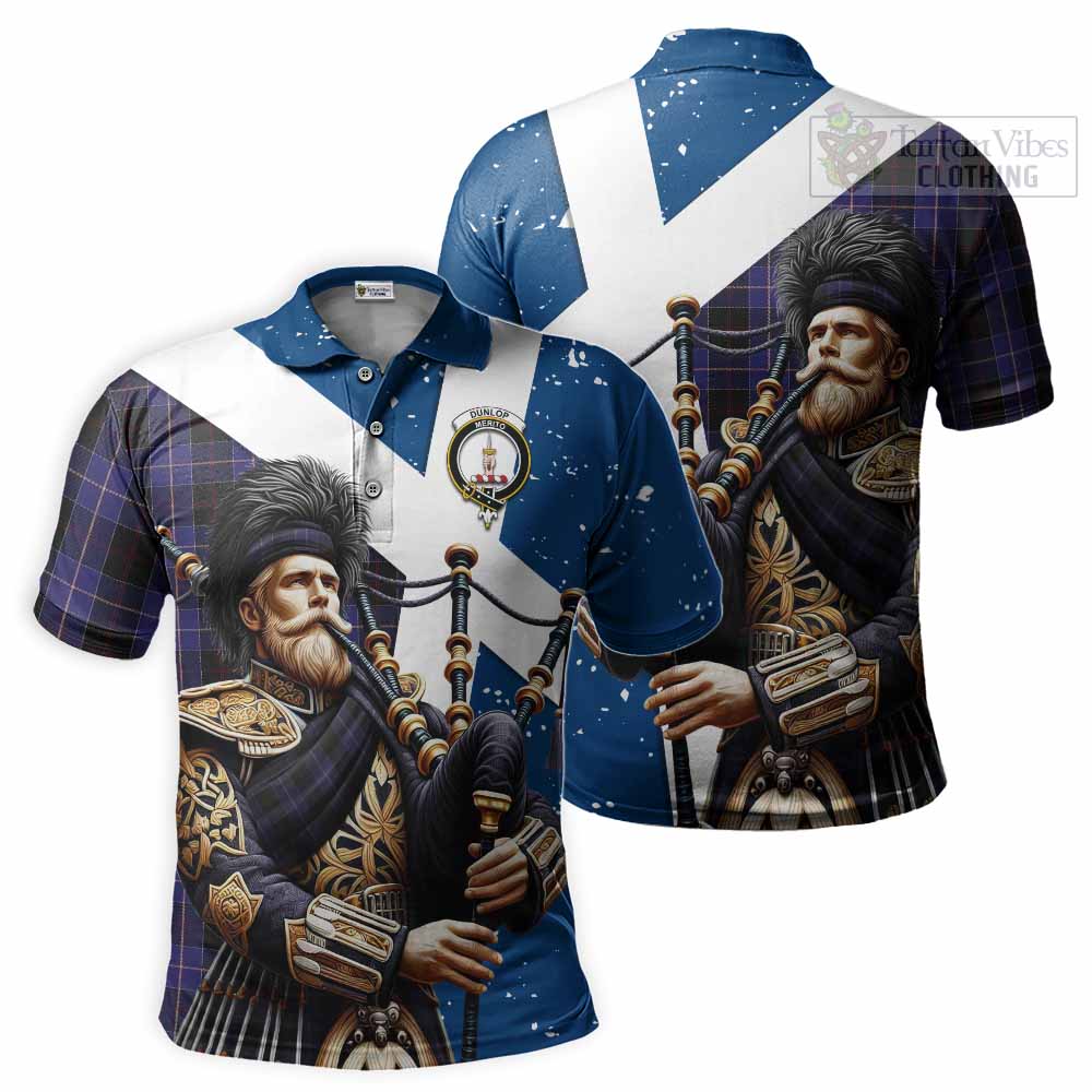 Tartan Vibes Clothing Dunlop Tartan Polo Shirt with Family Crest Scottish Bagpiper Vibes