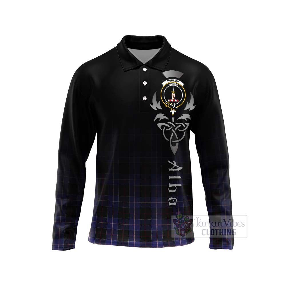 Tartan Vibes Clothing Dunlop Tartan Long Sleeve Polo Shirt Featuring Alba Gu Brath Family Crest Celtic Inspired