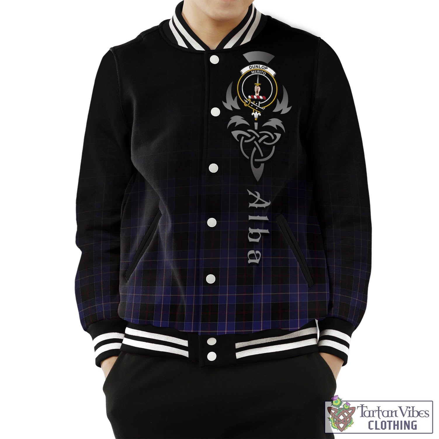 Tartan Vibes Clothing Dunlop Tartan Baseball Jacket Featuring Alba Gu Brath Family Crest Celtic Inspired