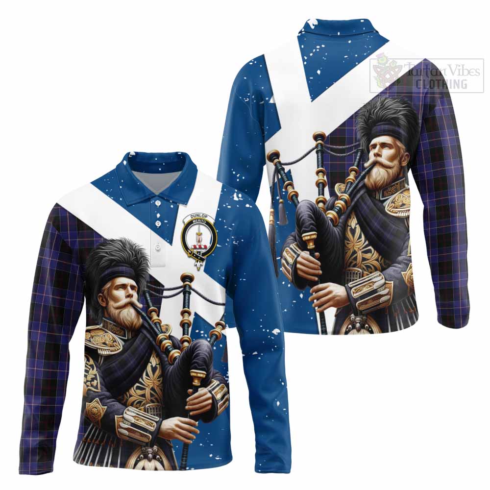 Tartan Vibes Clothing Dunlop Tartan Long Sleeve Polo Shirt with Family Crest Scottish Bagpiper Vibes