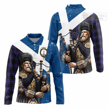 Dunlop Tartan Long Sleeve Polo Shirt with Family Crest Scottish Bagpiper Vibes