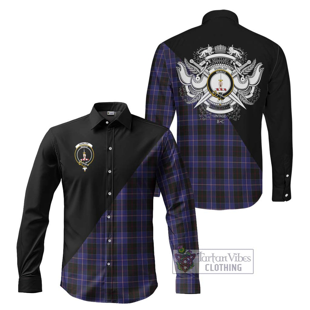 Dunlop Tartan Long Sleeve Button Shirt with Family Crest and Military Logo Style Men's Shirt S - Tartanvibesclothing Shop