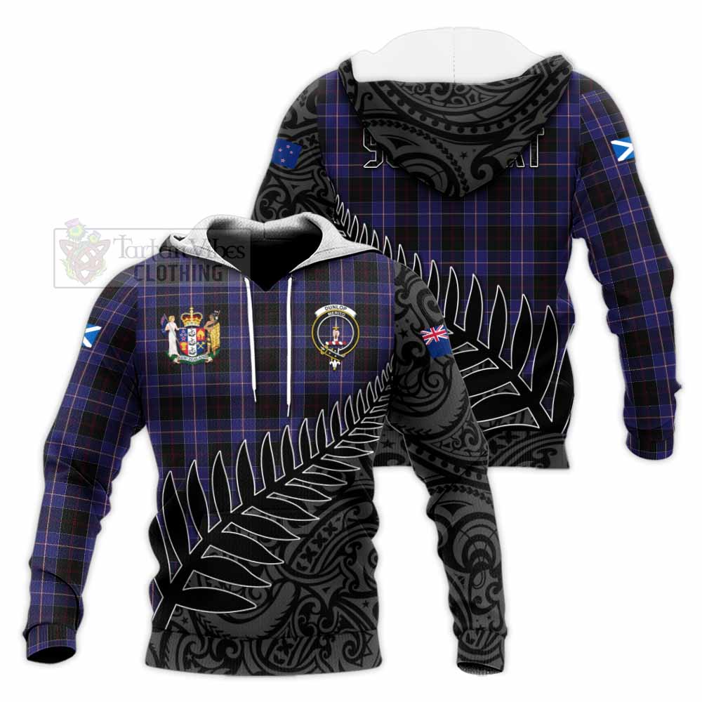 Tartan Vibes Clothing Dunlop Crest Tartan Knitted Hoodie with New Zealand Silver Fern Half Style