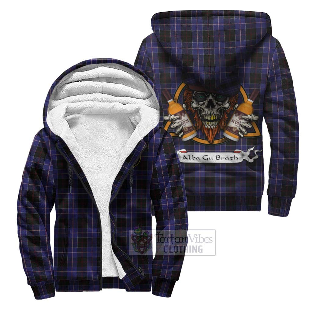 Tartan Vibes Clothing Dunlop Tartan Sherpa Hoodie with Family Crest and Bearded Skull Holding Bottles of Whiskey