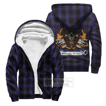 Dunlop Tartan Sherpa Hoodie with Family Crest and Bearded Skull Holding Bottles of Whiskey