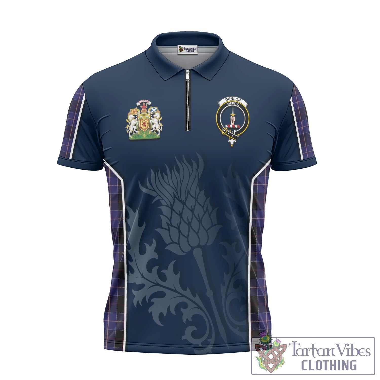 Tartan Vibes Clothing Dunlop Tartan Zipper Polo Shirt with Family Crest and Scottish Thistle Vibes Sport Style