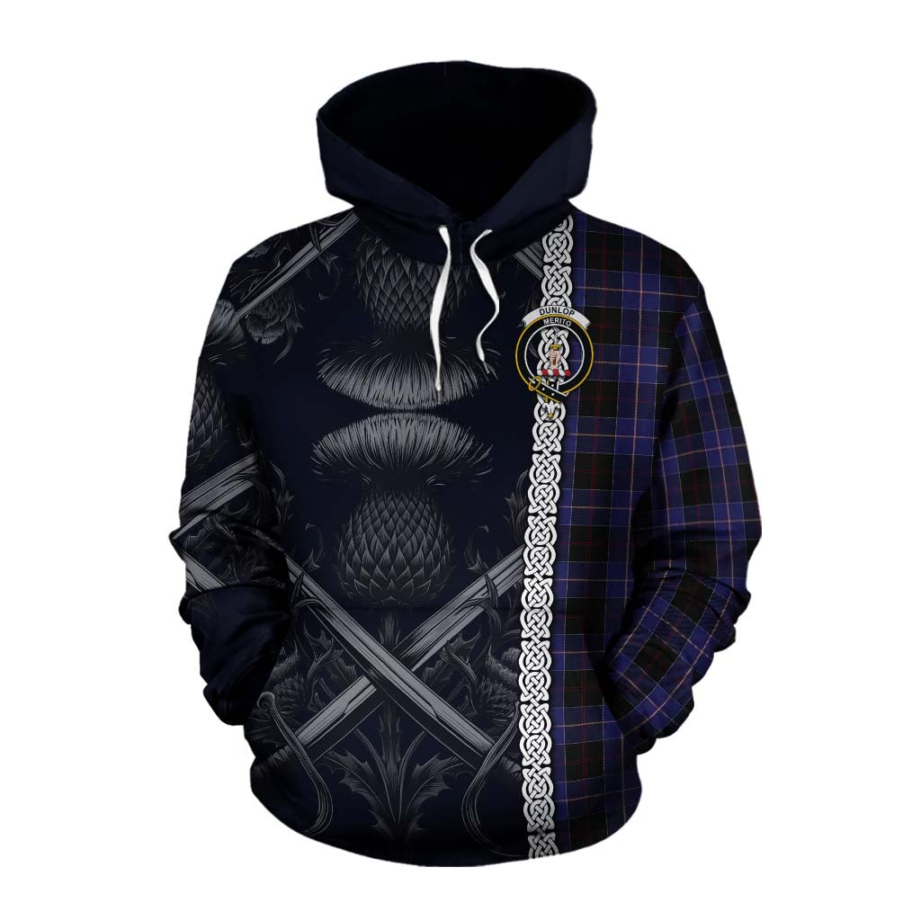 Tartan Vibes Clothing Dunlop Tartan Cotton Hoodie with Family Crest Cross Sword Thistle Celtic Vibes