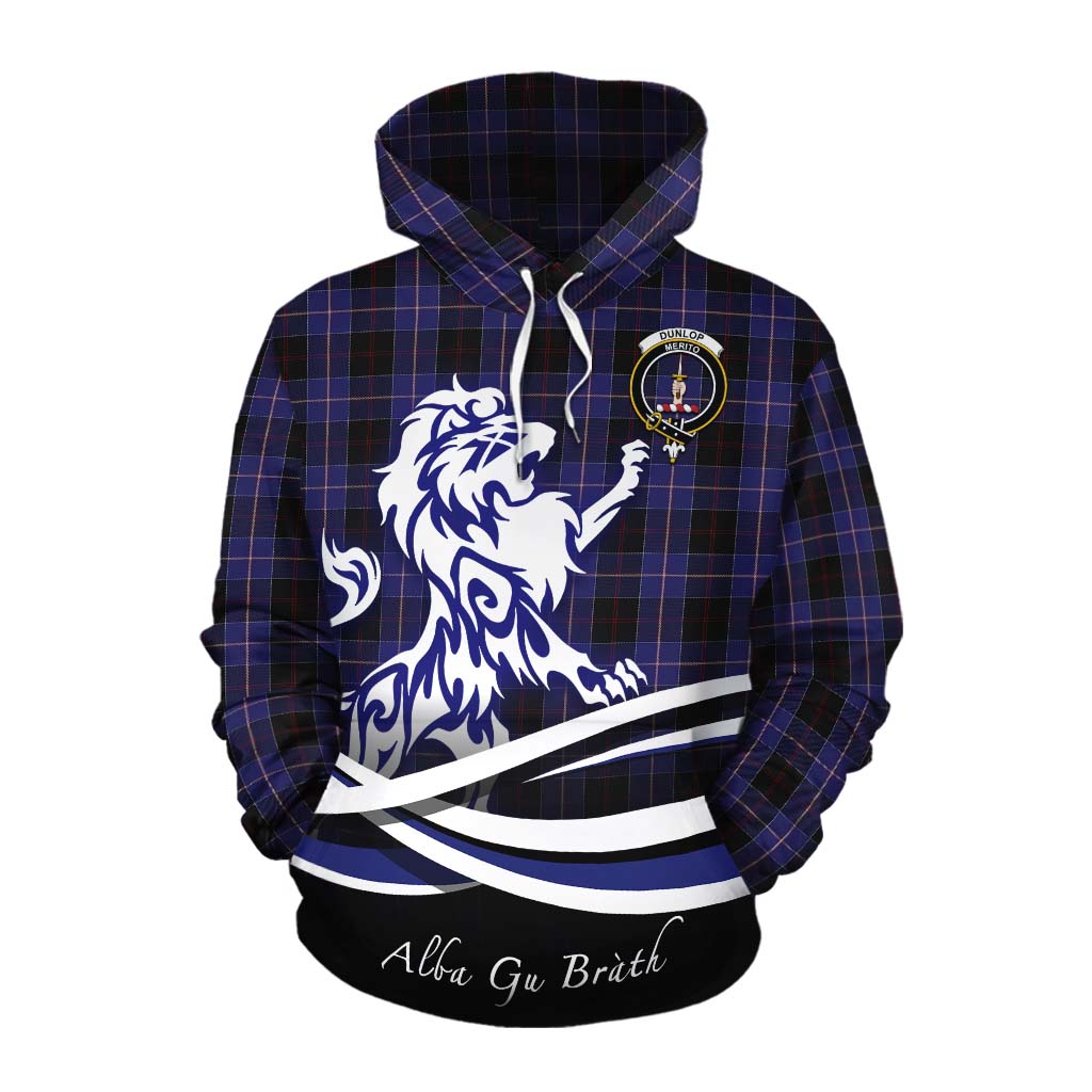 Tartan Vibes Clothing Dunlop Tartan Cotton Hoodie with Alba Gu Brath Regal Lion Emblem