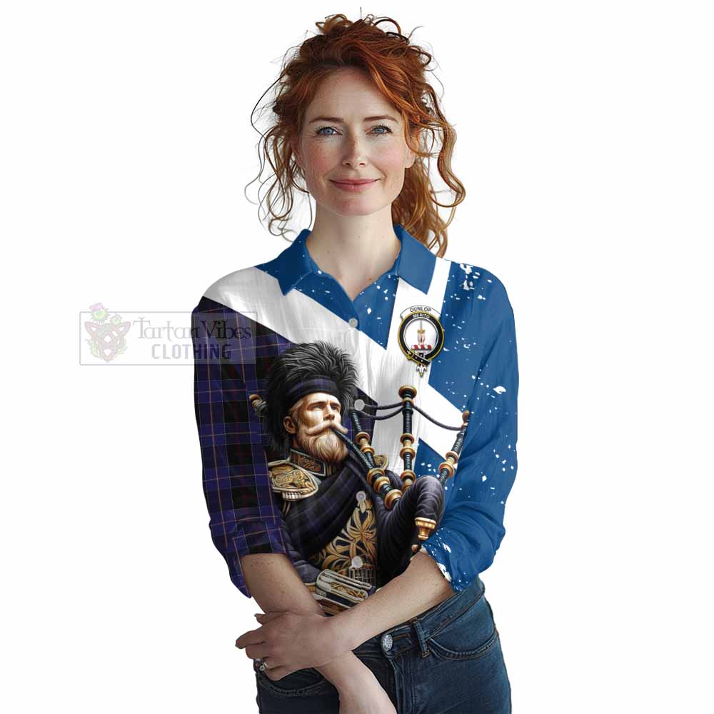 Tartan Vibes Clothing Dunlop Tartan Women's Casual Shirt with Family Crest Scottish Bagpiper Vibes