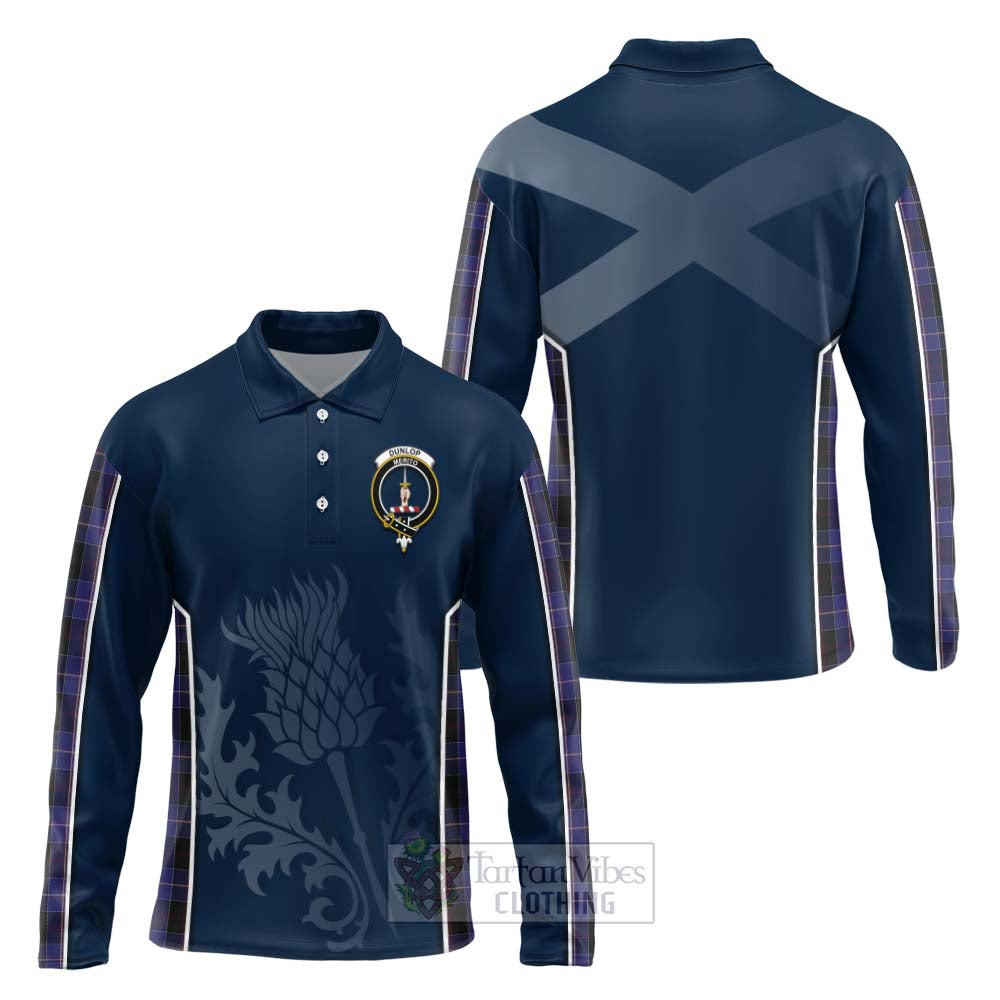 Tartan Vibes Clothing Dunlop Tartan Long Sleeve Polo Shirt with Family Crest and Scottish Thistle Vibes Sport Style