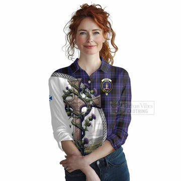 Dunlop Tartan Women's Casual Shirt with Family Crest and St. Andrew's Cross Accented by Thistle Vines