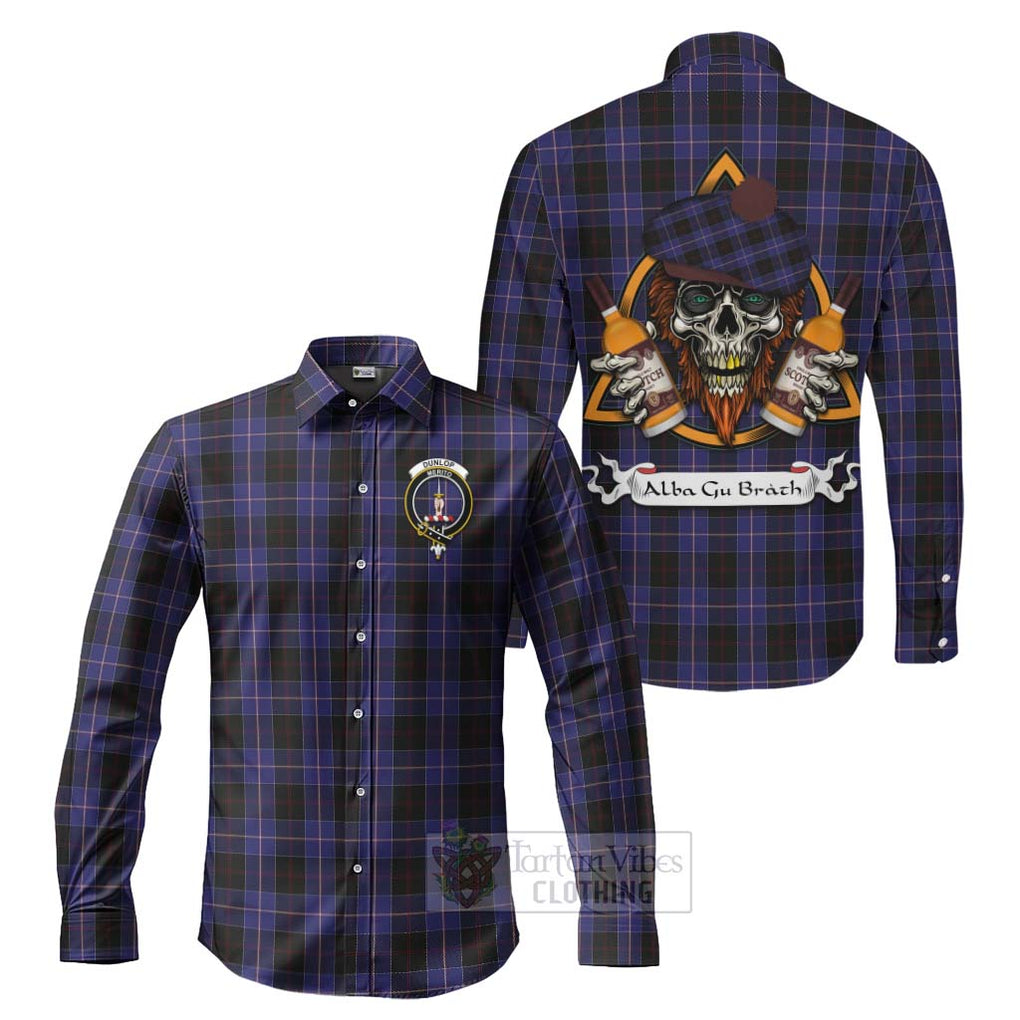 Tartan Vibes Clothing Dunlop Tartan Long Sleeve Button Shirt with Family Crest and Bearded Skull Holding Bottles of Whiskey