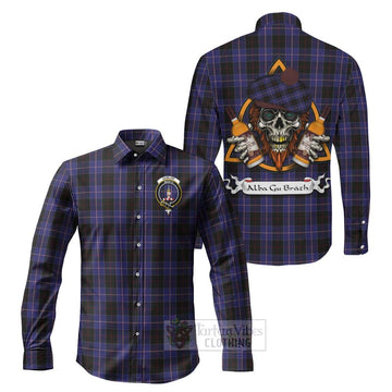 Dunlop Tartan Long Sleeve Button Shirt with Family Crest and Bearded Skull Holding Bottles of Whiskey