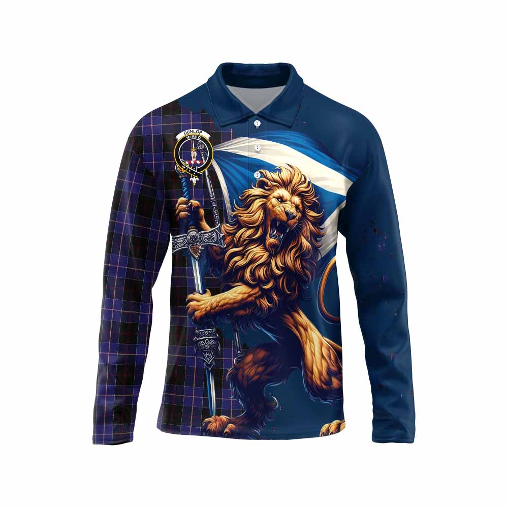 Tartan Vibes Clothing Dunlop Tartan Family Crest Long Sleeve Polo Shirt with Scottish Majestic Lion