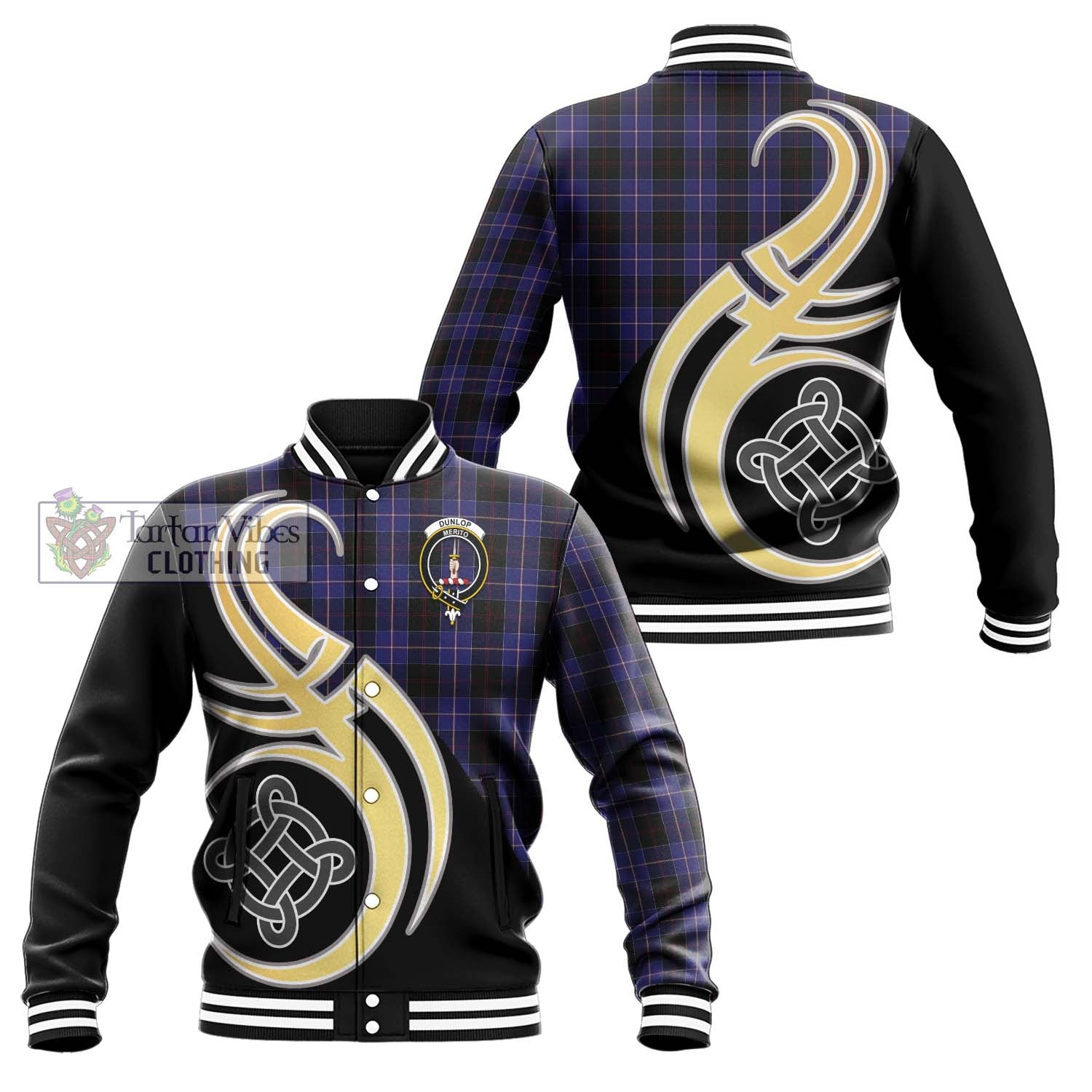 Dunlop Tartan Baseball Jacket with Family Crest and Celtic Symbol Style Unisex - Tartan Vibes Clothing