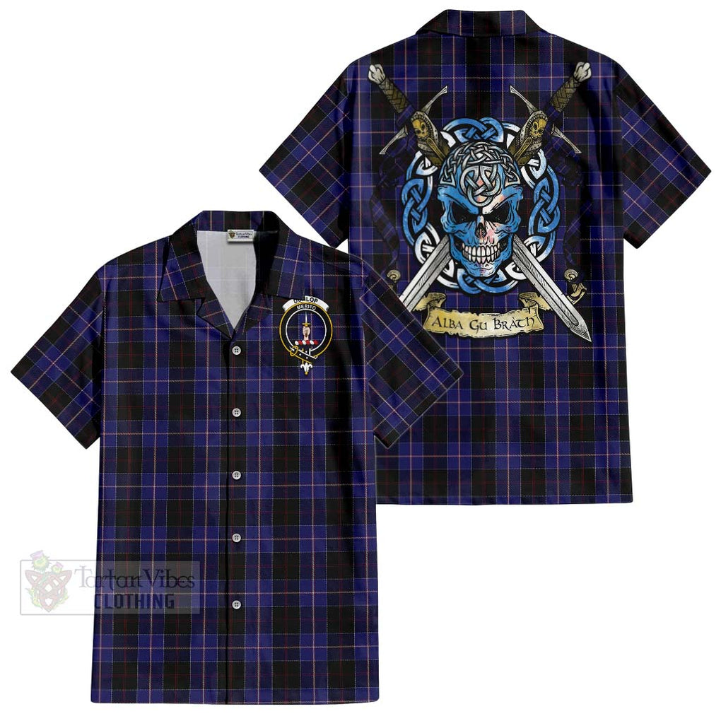 Tartan Vibes Clothing Dunlop Tartan Short Sleeve Button Shirt with Family Crest Celtic Skull Style