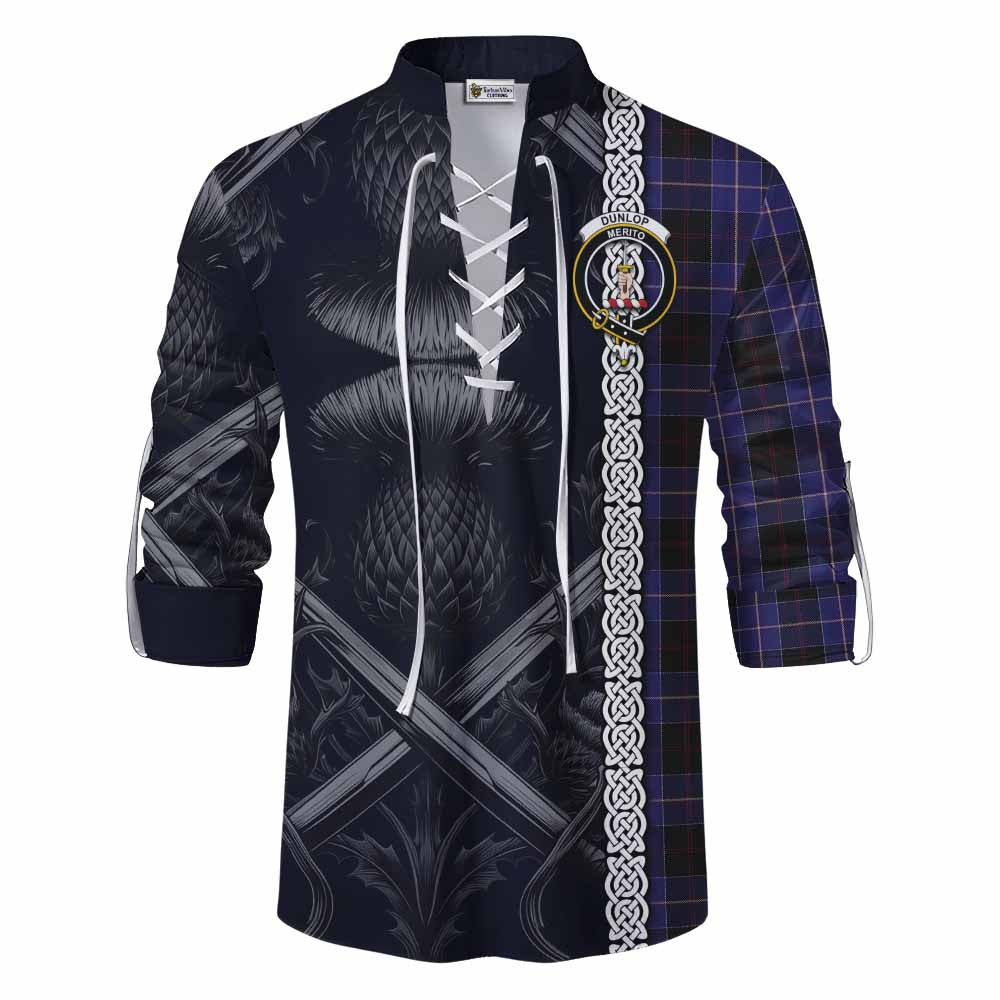 Tartan Vibes Clothing Dunlop Tartan Ghillie Kilt Shirt with Family Crest Cross Sword Thistle Celtic Vibes