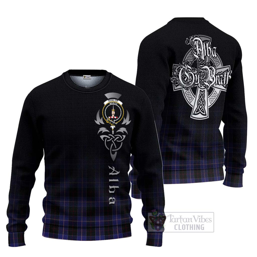 Tartan Vibes Clothing Dunlop Tartan Knitted Sweater Featuring Alba Gu Brath Family Crest Celtic Inspired