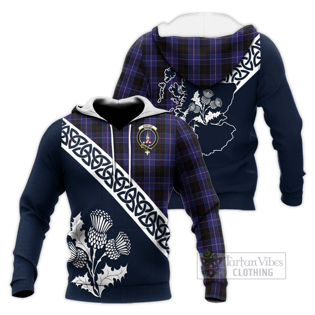 Tartan Vibes Clothing Dunlop Tartan Knitted Hoodie Featuring Thistle and Scotland Map