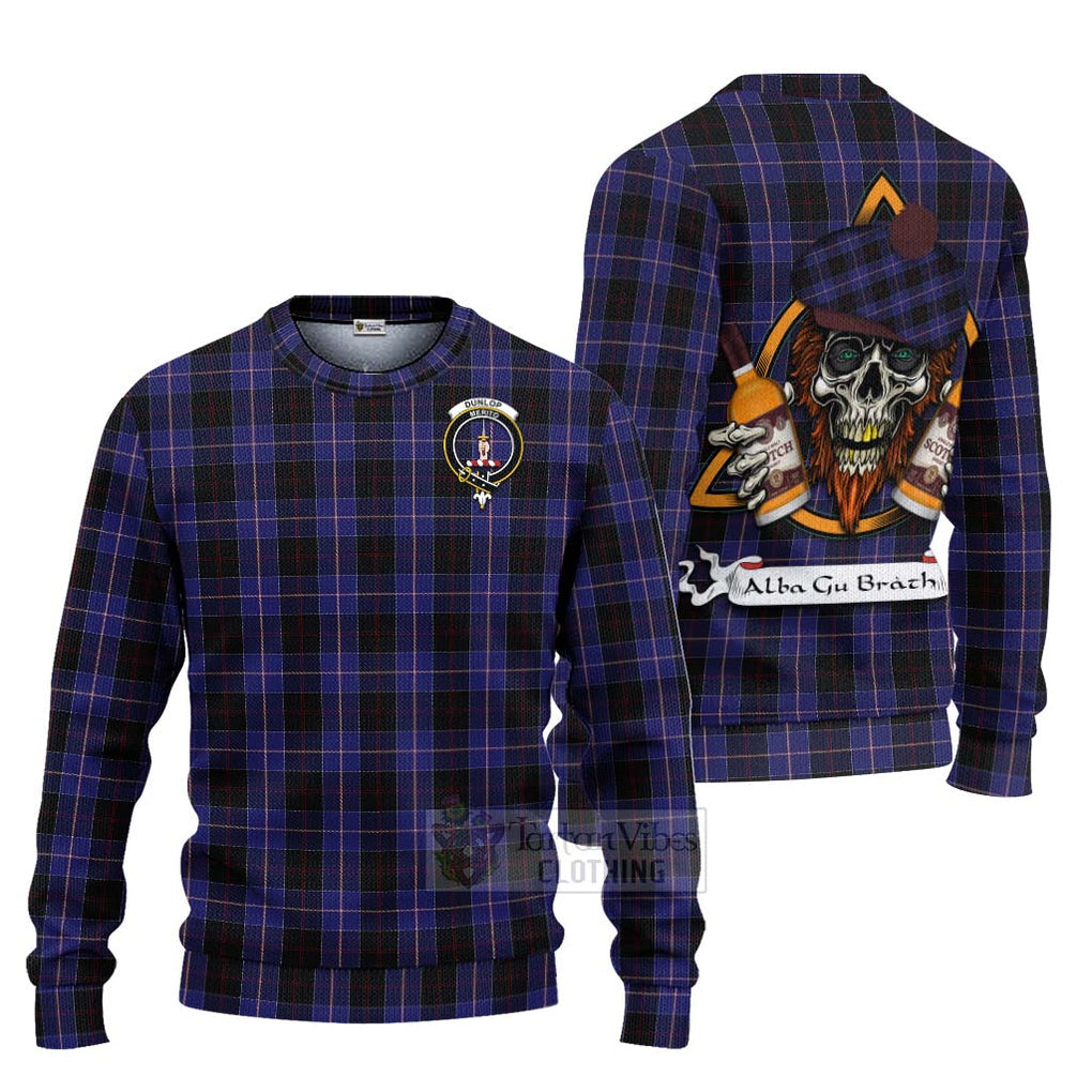 Tartan Vibes Clothing Dunlop Tartan Knitted Sweater with Family Crest and Bearded Skull Holding Bottles of Whiskey