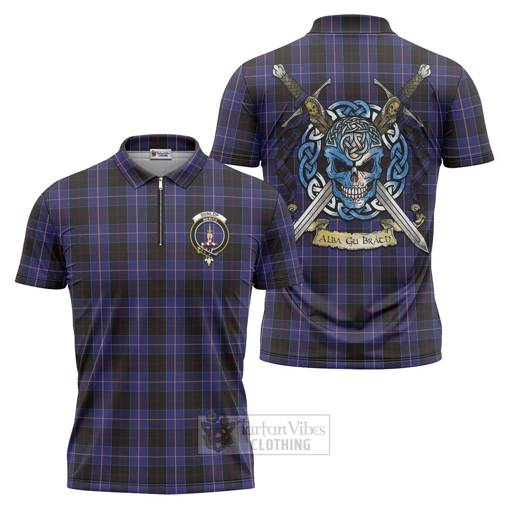 Tartan Vibes Clothing Dunlop Tartan Zipper Polo Shirt with Family Crest Celtic Skull Style