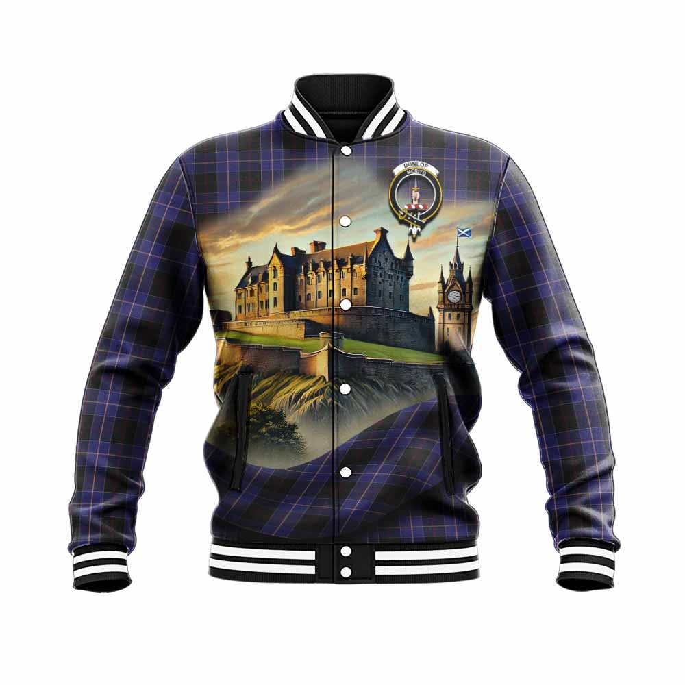 Dunlop Tartan Family Crest Baseball Jacket with Scottish Ancient Castle Style Unisex - Tartan Vibes Clothing