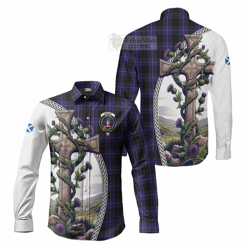 Tartan Vibes Clothing Dunlop Tartan Long Sleeve Button Shirt with Family Crest and St. Andrew's Cross Accented by Thistle Vines