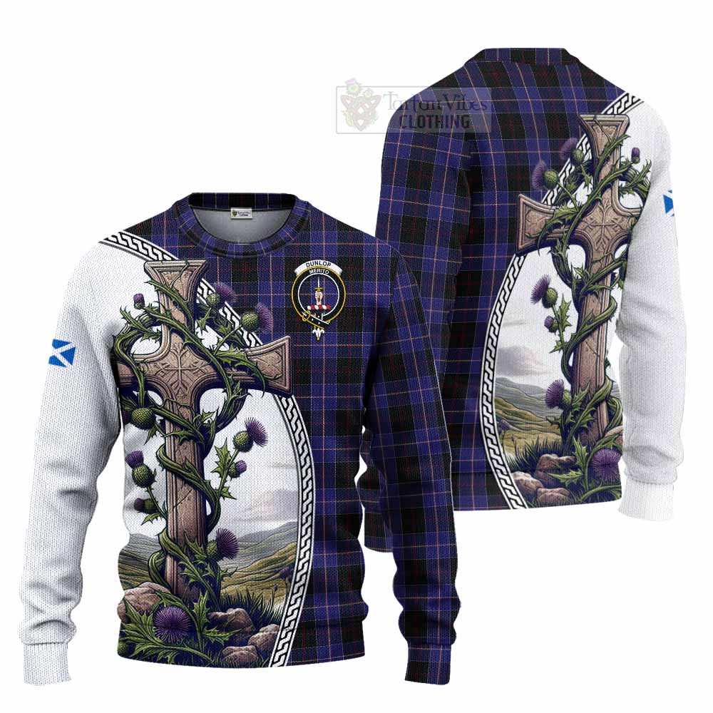 Tartan Vibes Clothing Dunlop Tartan Knitted Sweater with Family Crest and St. Andrew's Cross Accented by Thistle Vines