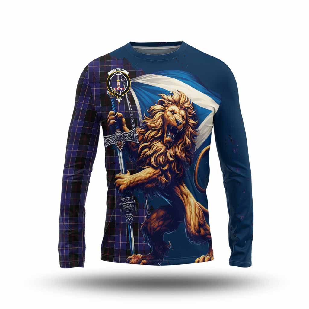 Tartan Vibes Clothing Dunlop Tartan Family Crest Long Sleeve T-Shirt with Scottish Majestic Lion