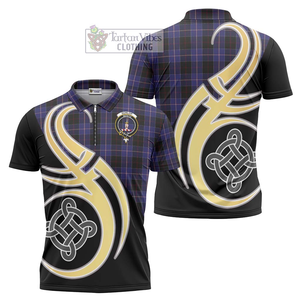 Tartan Vibes Clothing Dunlop Tartan Zipper Polo Shirt with Family Crest and Celtic Symbol Style