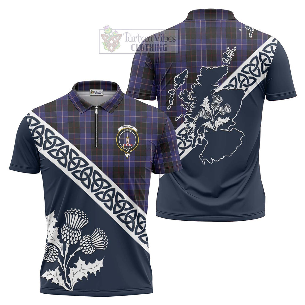 Tartan Vibes Clothing Dunlop Tartan Zipper Polo Shirt Featuring Thistle and Scotland Map