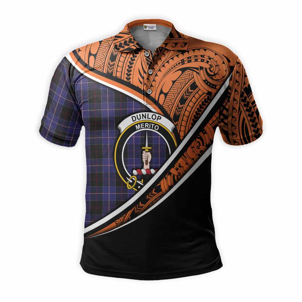 Tartan Vibes Clothing Dunlop Crest Tartan Polo Shirt with Maori Tattoo Style - Orange Version