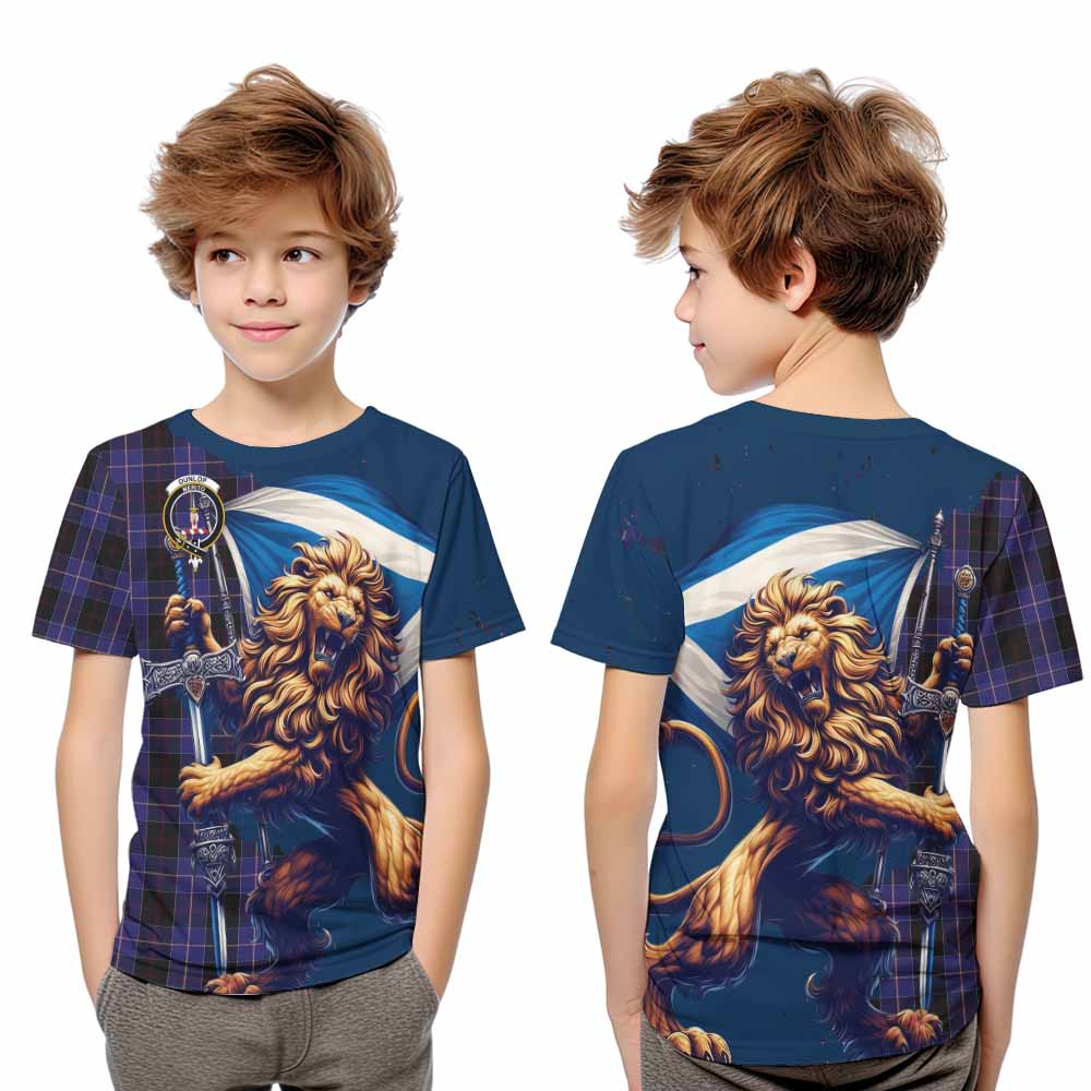 Tartan Vibes Clothing Dunlop Tartan Family Crest Kid T-Shirt with Scottish Majestic Lion