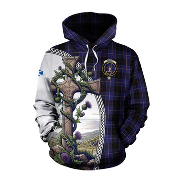 Dunlop Tartan Cotton Hoodie with Family Crest and St. Andrew's Cross Accented by Thistle Vines Pullover Hoodie XS - Tartan Vibes Clothing
