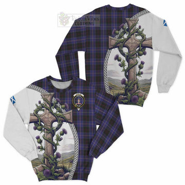 Dunlop Tartan Sweatshirt with Family Crest and St. Andrew's Cross Accented by Thistle Vines