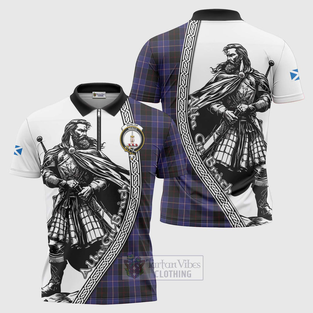 Tartan Vibes Clothing Dunlop Tartan Clan Crest Zipper Polo Shirt with Highlander Warrior Celtic Style