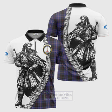 Dunlop Tartan Clan Crest Zipper Polo Shirt with Highlander Warrior Celtic Style