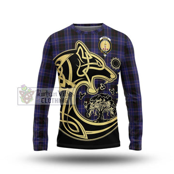 Dunlop Tartan Long Sleeve T-Shirt with Family Crest Celtic Wolf Style