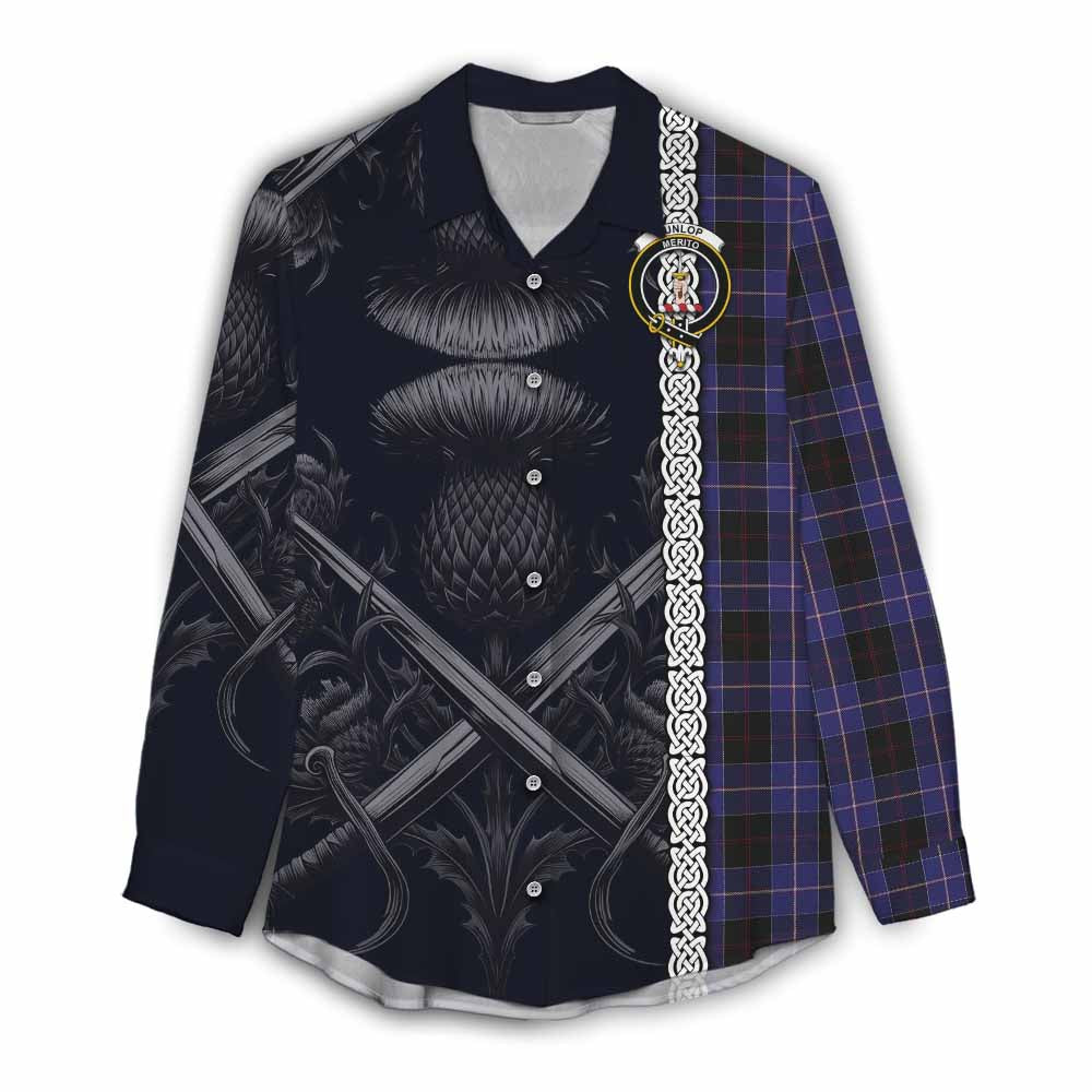 Tartan Vibes Clothing Dunlop Tartan Women's Casual Shirt with Family Crest Cross Sword Thistle Celtic Vibes